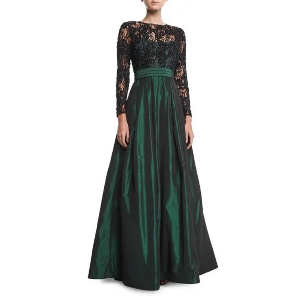 EUC Teri Jon Lace Taffeta Black Green Dress 12